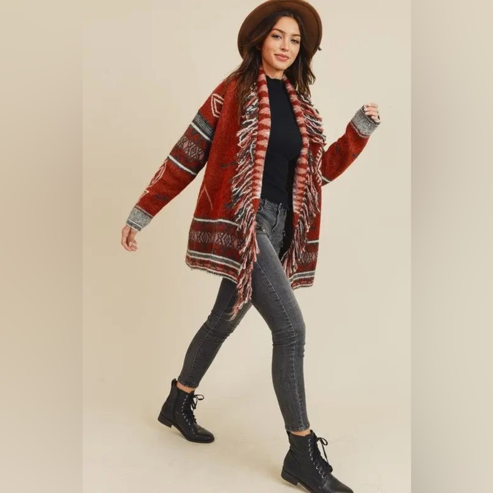 Doe & Rae Aztec Open Front Fringe Cardigan Sweater Brown Multi Size L EXCELLENT! - Picture 16 of 16